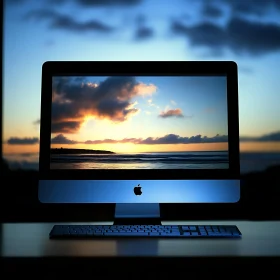Sunset Reflection on Computer Screen