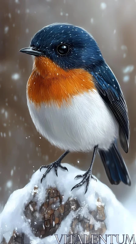 Winter Bird on Snowy Rock AI Image