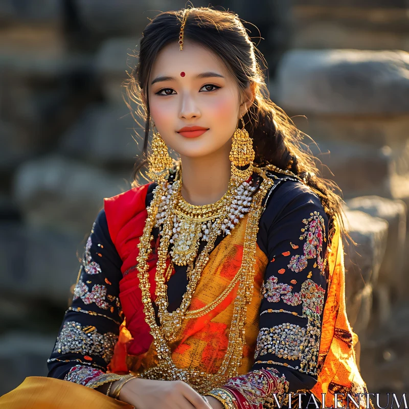 Portrait of a Woman Wearing Gold Jewelry AI Image