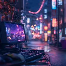 Futuristic Night-time Urban Computer Setup