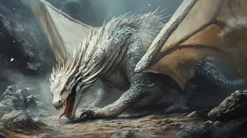 Fantasy White Dragon on Rocky Terrain