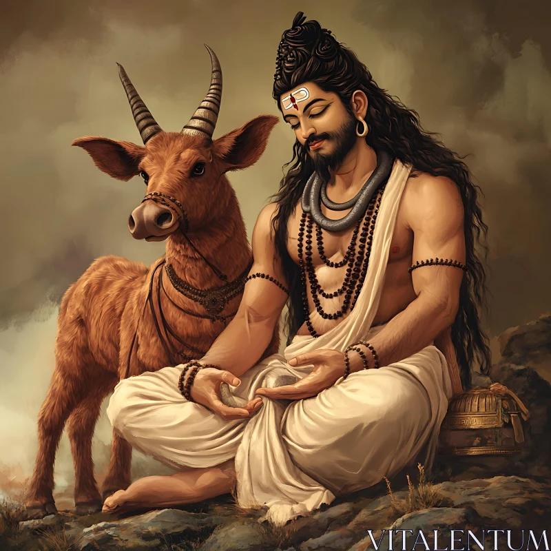 Serene Man Meditating with Cow AI Image