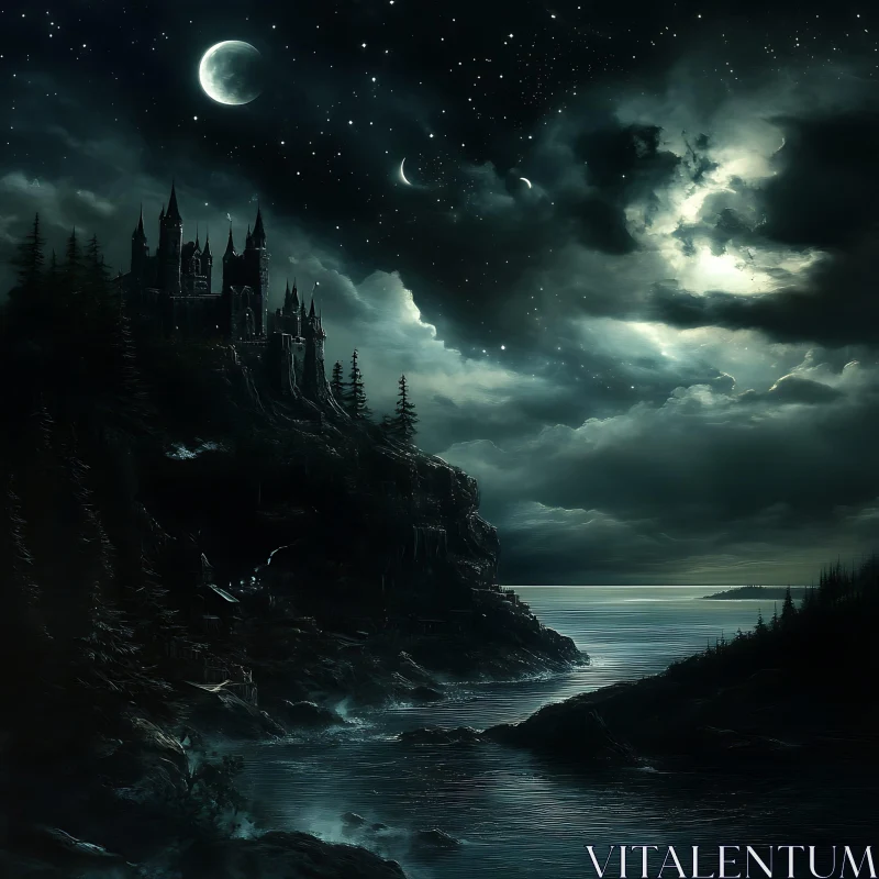 Moonlit Castle on the Cliff AI Image