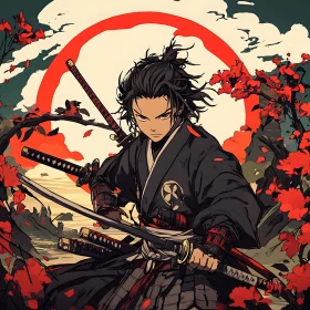 Japanese Warrior with Swords and Blossoms