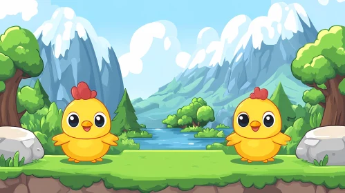 Cute Cartoon Chicks in Nature