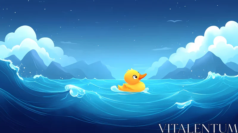 Rubber Duck and Sea Waves AI Image