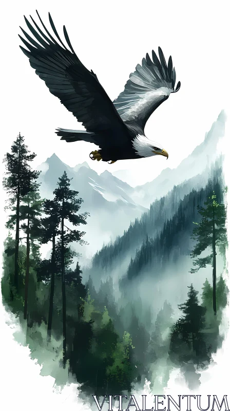 Eagle in Flight Above Forested Peaks AI Image