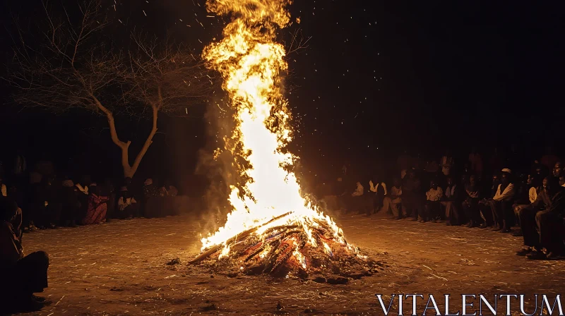 Large Nighttime Bonfire Gathering AI Image