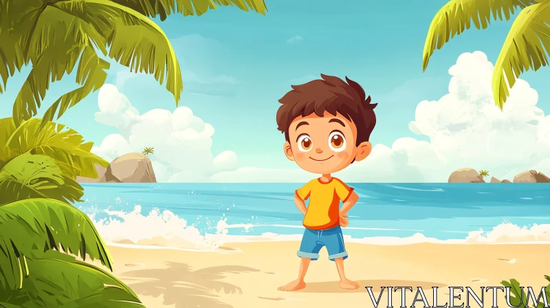 Cartoon Boy Enjoying a Beach Day AI Image