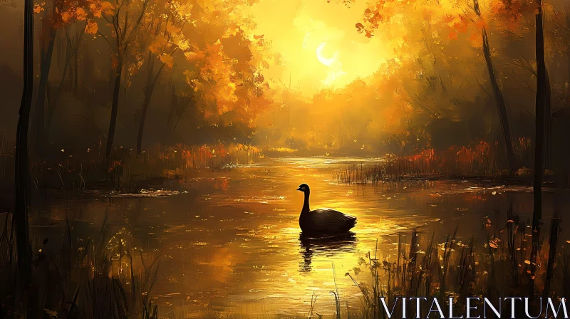 Sunset Goose on Autumn Lake AI Image