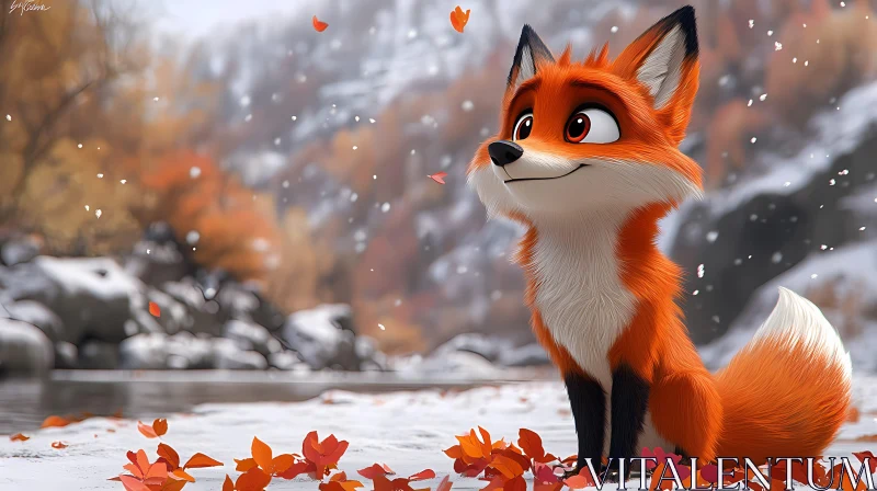 Animated Fox Amidst Autumn Leaves and Snow AI Image