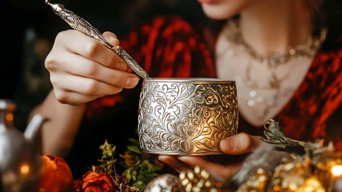 Ornate Silver Cup and Pen Still Life