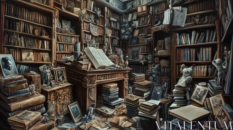 Bookshelves Overflowing in a Vintage Room AI Image