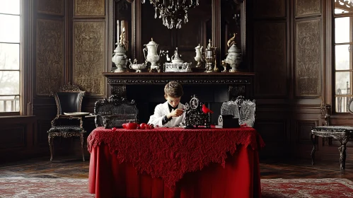 Young Inventor in Ornate Room