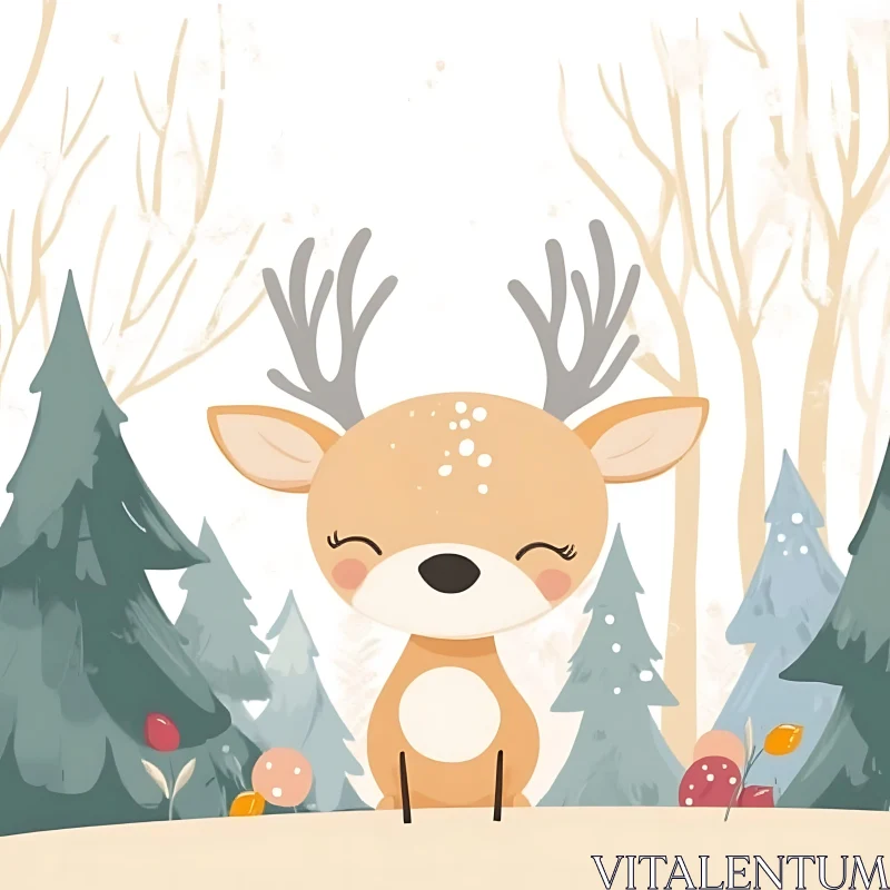 Cute Deer Illustration in the Woods AI Image