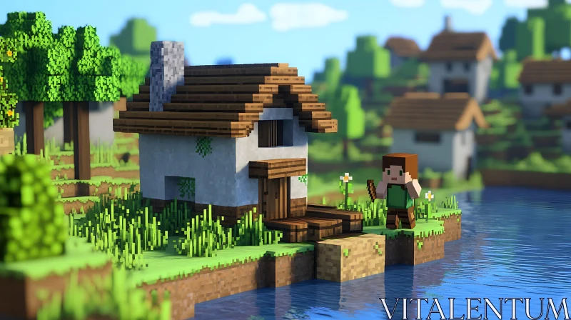 Pixelated Minecraft Scene by the Water AI Image