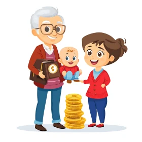 Cartoon Family with Gold Coins