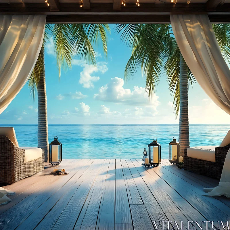 Tropical Oceanfront Lounge with Palm Trees AI Image