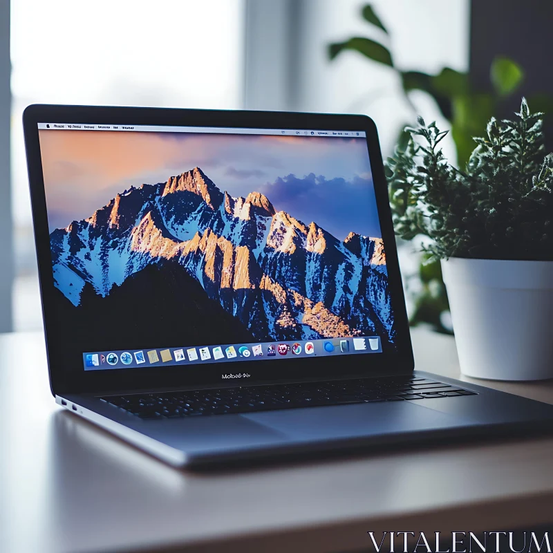 Laptop with Scenic Mountain Display in Office Setup AI Image