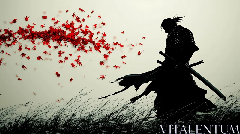 Samurai in the Wind with Red Leaves AI Image