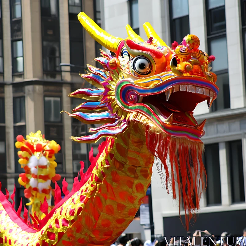 Colorful Dragon Puppet in Urban Parade AI Image