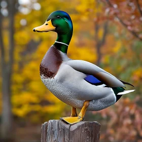 Mallard Duck on Wooden Post