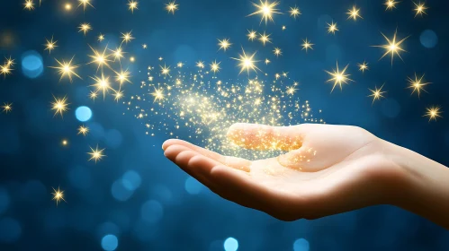 Golden Stardust in Hand on Blue Background