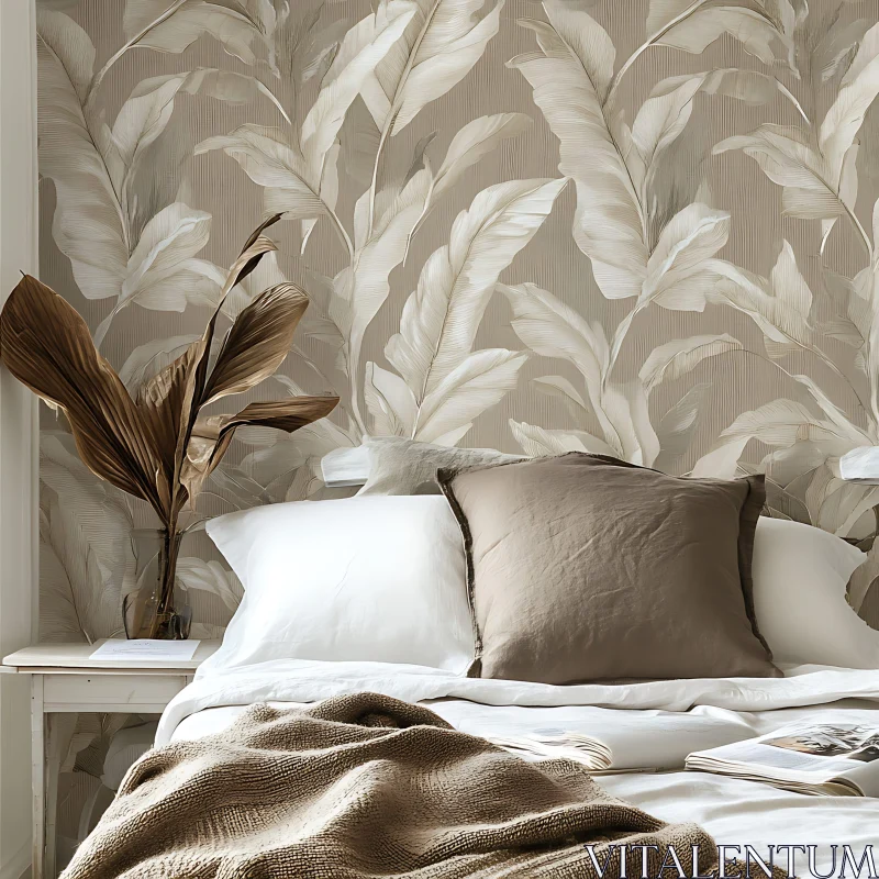 Bedroom Comfort and Style with Leaf Wallpaper AI Image