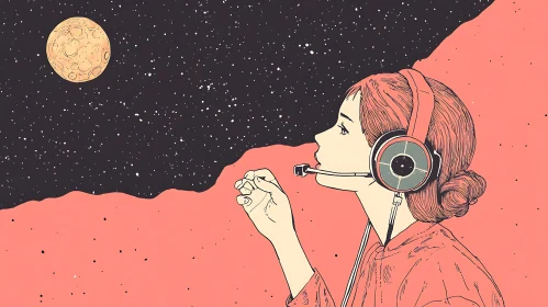 Serene Woman with Headphones under Moonlight