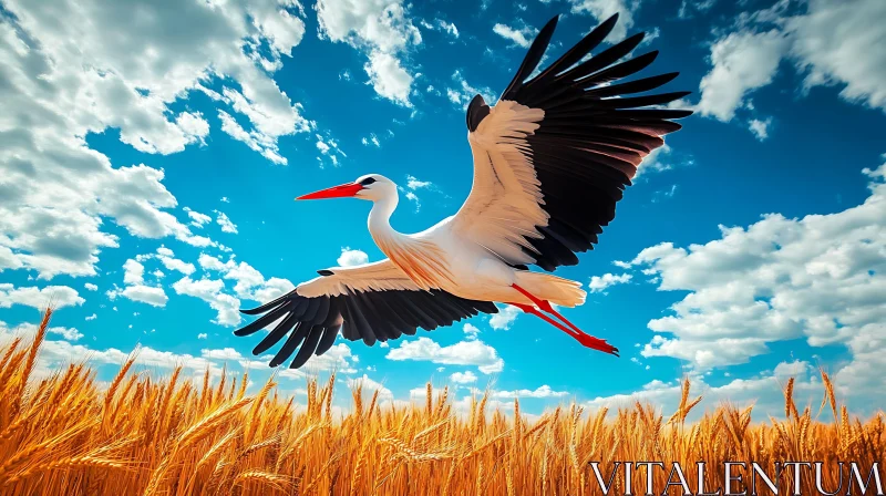 Stork Flying Above Wheat Field AI Image