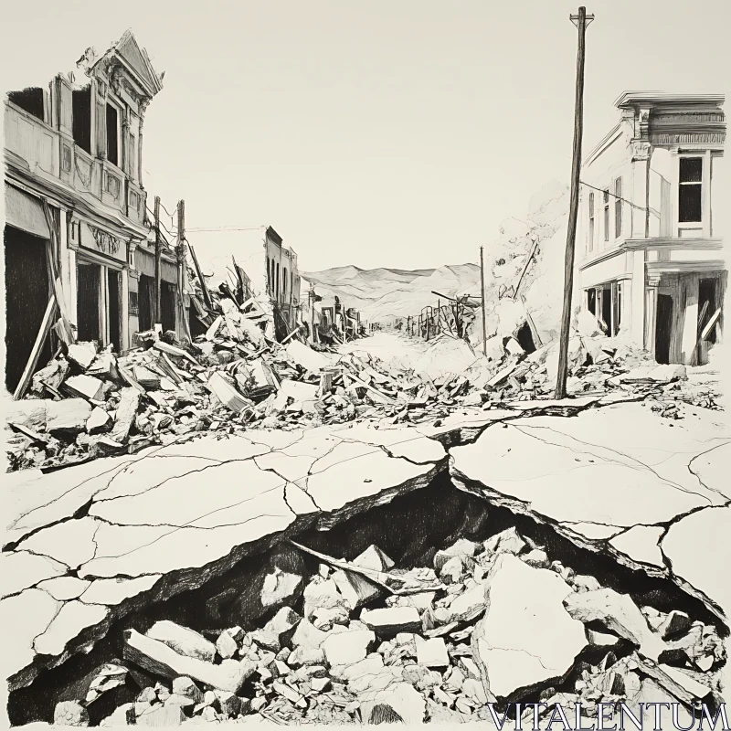 AI ART Monochrome Ruin: Earthquake Devastation Art