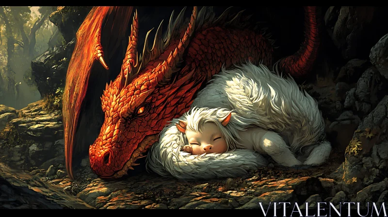 Fantasy Scene: Dragon and Sleeping Baby AI Image