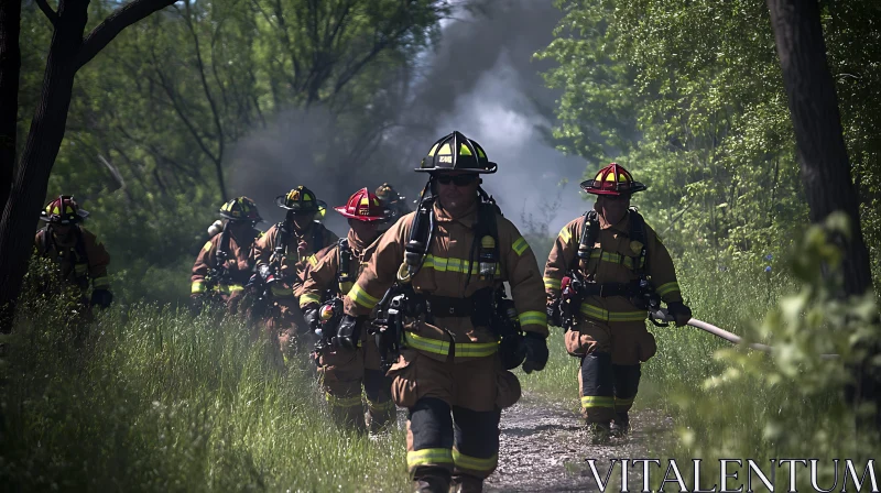 Heroic Firefighters in Action in Smoky Forest AI Image