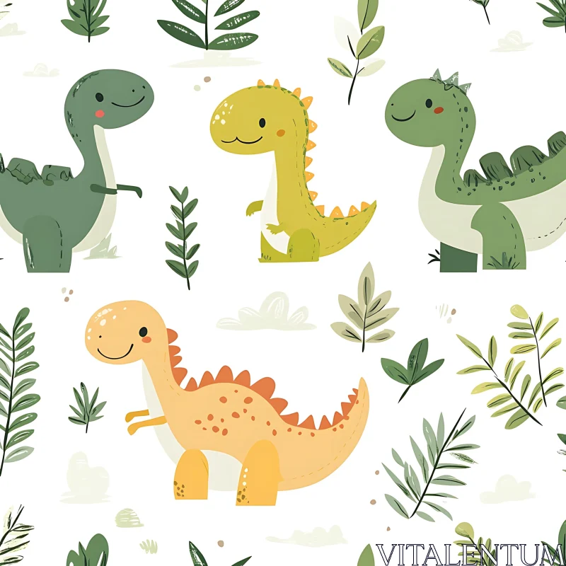 Adorable Dinosaur Cartoon Pattern with Green Leaves AI Image