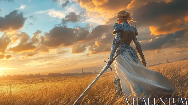 Female Warrior in Golden Field AI Image