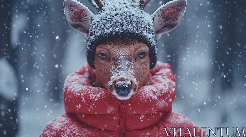 Whimsical Deer in Red Jacket Amidst Snow AI Image