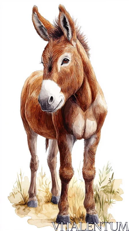 Pastoral Donkey Watercolor Art AI Image