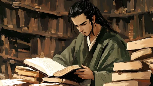 Contemplative Reader in Cozy Library