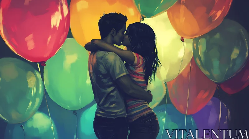 Couple's Affectionate Kiss with Balloons AI Image