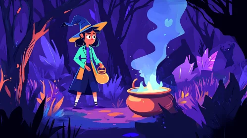 Cartoon Witch Brewing Potion