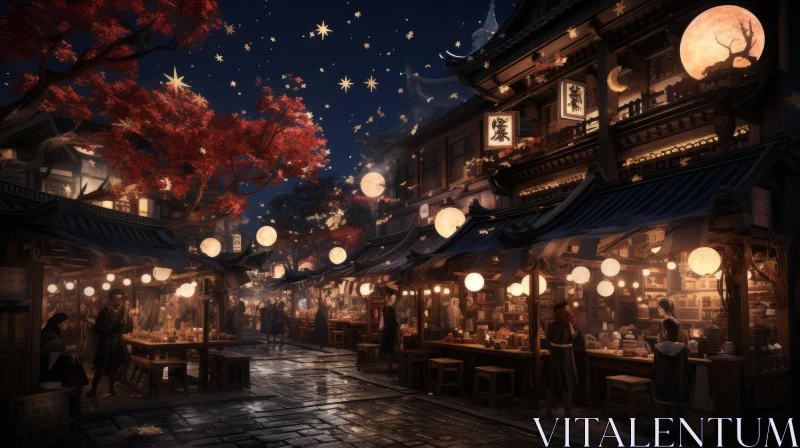 Asian Street Night Scene with Lanterns and Festive Atmosphere AI Image