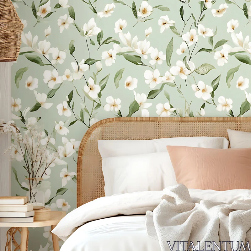 Relaxing Bedroom Decor with White Flowers Wallpaper AI Image