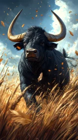 Bull Charging in Autumn Landscape