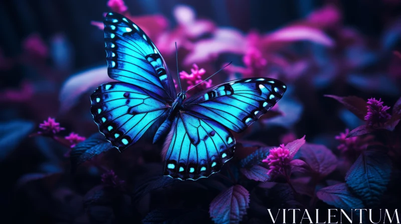 Blue Butterfly Amidst Pink Leaves and Purple Flowers - A Night-time Still Life AI Image
