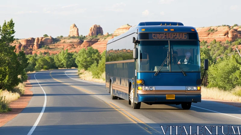 Blue Tour Bus Driving on Country Road | Consumer Culture Critique AI Image