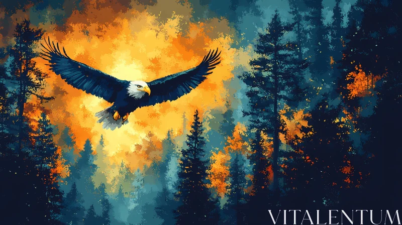 Majestic Eagle at Sunset over Trees AI Image