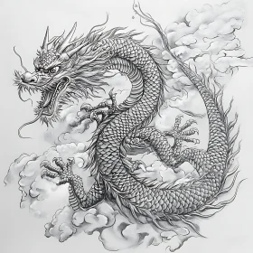 Detailed Dragon Sketch with Cloudscape