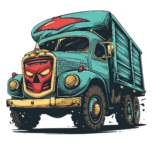 Cartoon Blue Truck with Red and Yellow Accents in Motion