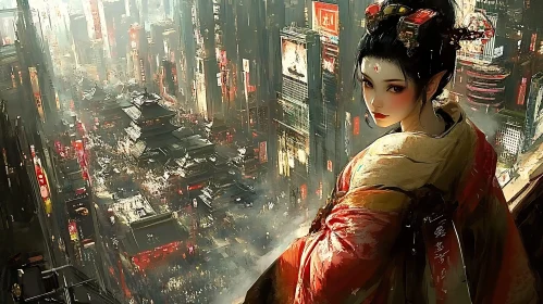 Cyberpunk Geisha Overlooking Neo-Tokyo