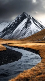 Autumn Landscape with Snowy Peak and River